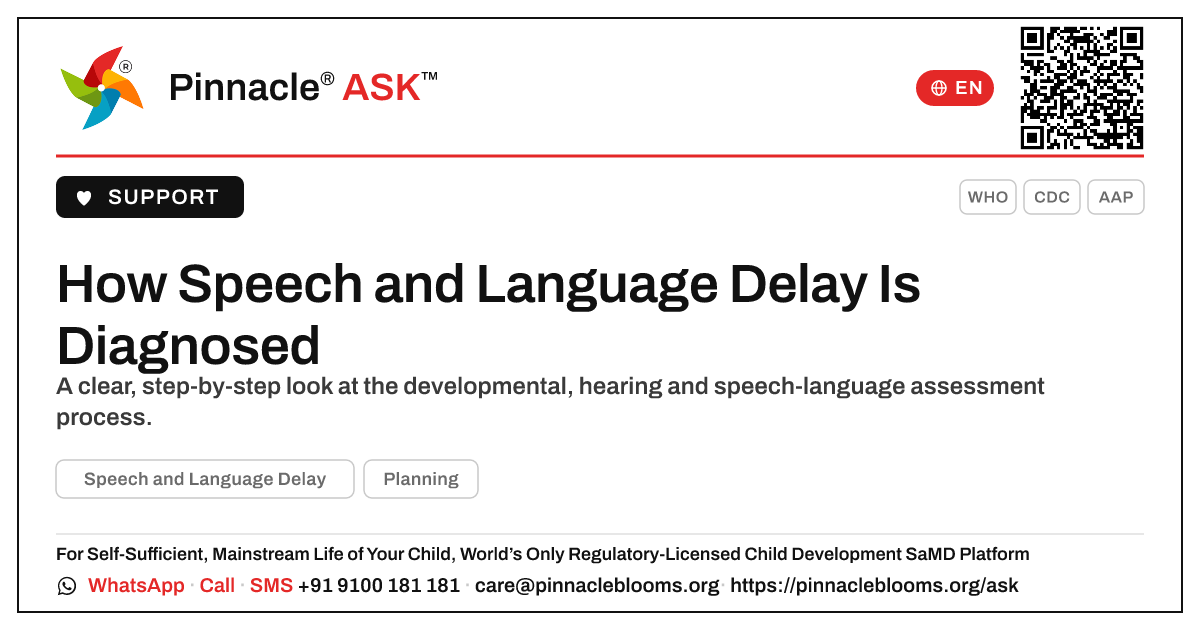 How Is Speech and Language Delay Diagnosed in a Child? — Pinnacle Ask answer card with a short explanation and QR link