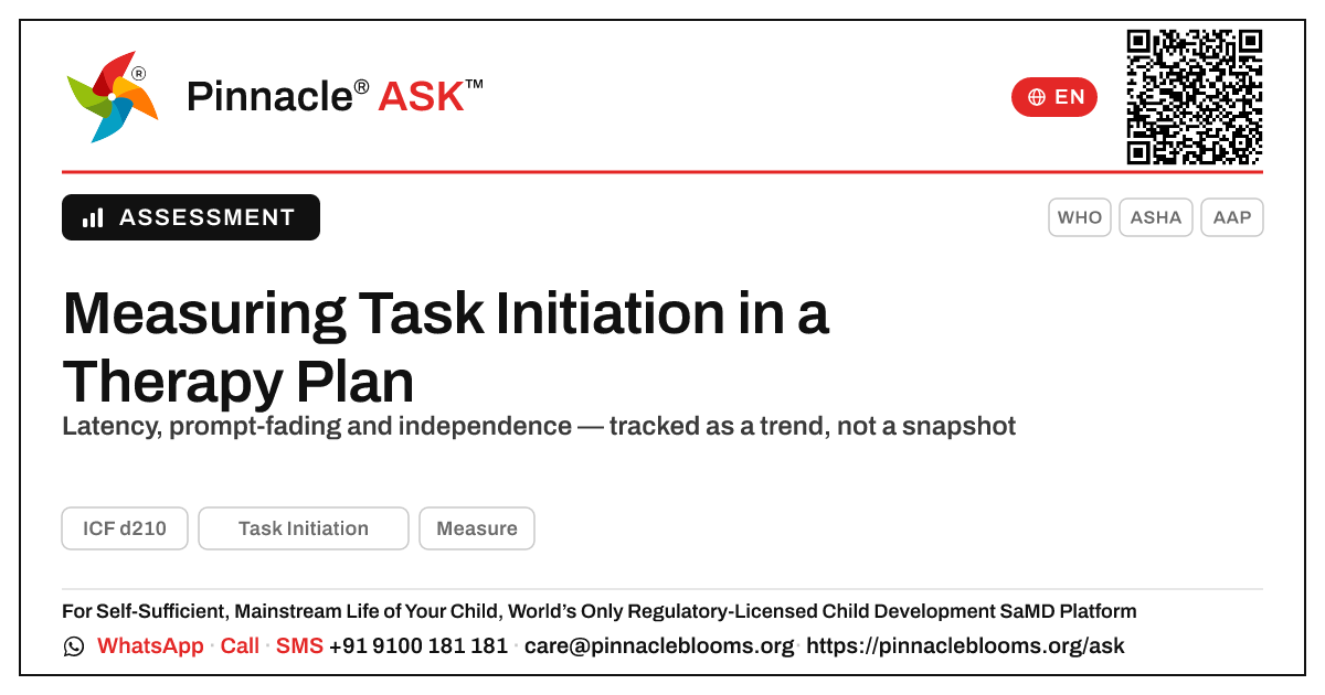 How is Task Initiation measured and progress-tracked within a therapy plan? — Pinnacle Ask answer card with a short explanation and QR link
