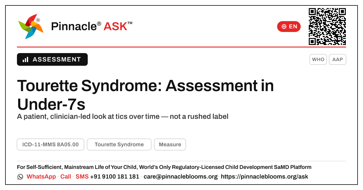 How Tourette Syndrome Is Assessed in Children Under 7 — Pinnacle Ask answer card with a short explanation and QR link