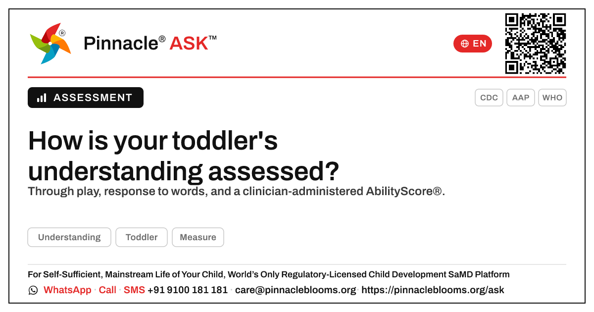 How is Understanding assessed in toddlers? — Pinnacle Ask answer card with a short explanation and QR link