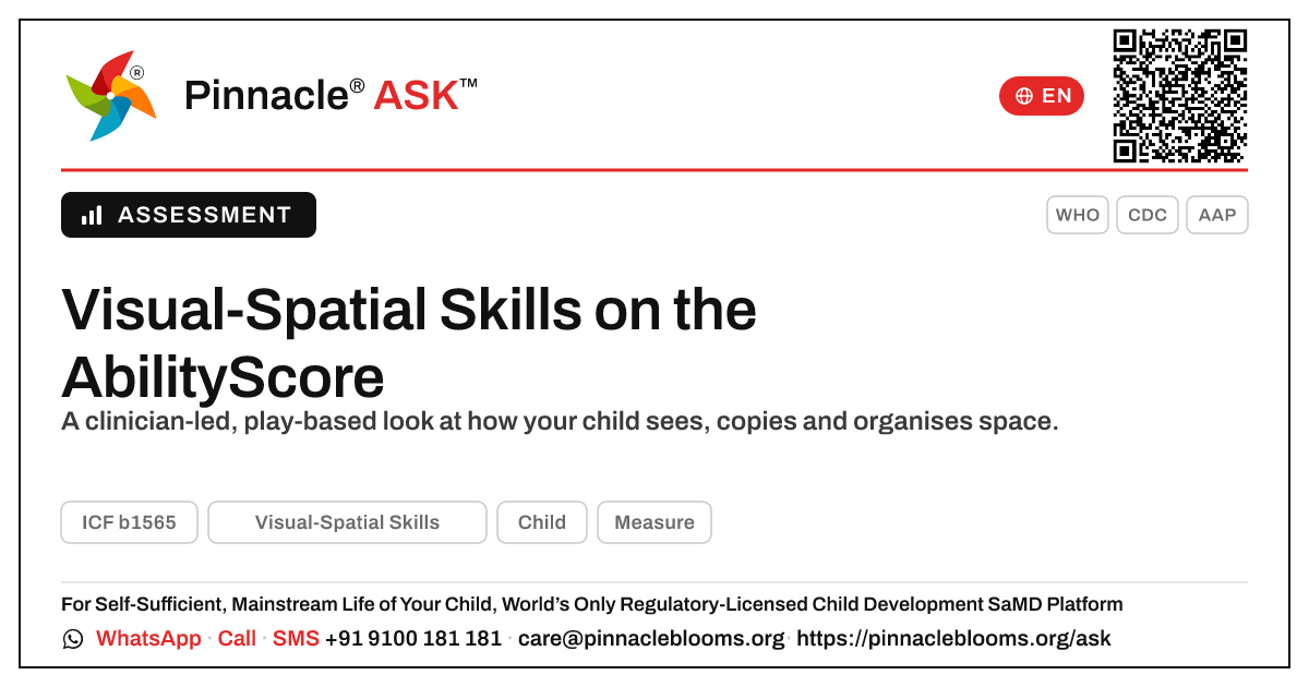 How is Visual-Spatial Skills scored on the AbilityScore? — Pinnacle Ask answer card with a short explanation and QR link