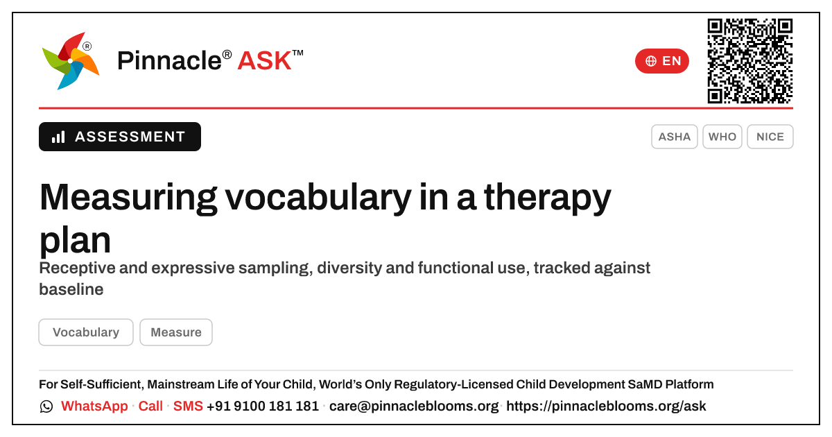 How vocabulary is measured and progress-tracked in therapy — Pinnacle Ask answer card with a short explanation and QR link
