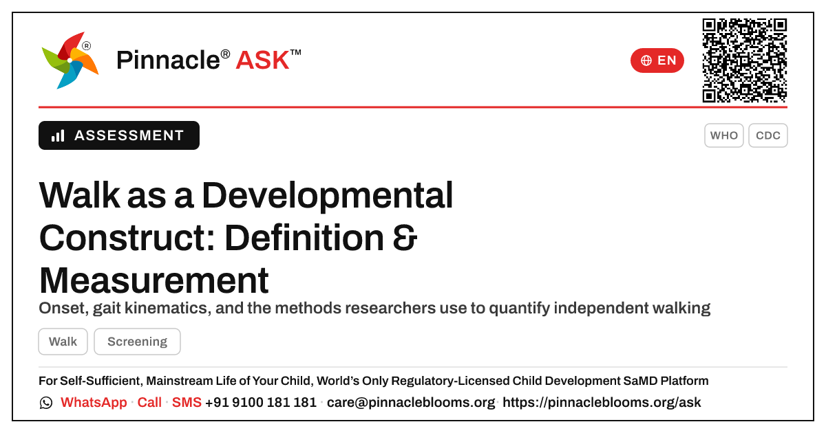 How Walk Is Defined and Measured in Early Childhood Research — Pinnacle Ask answer card with a short explanation and QR link