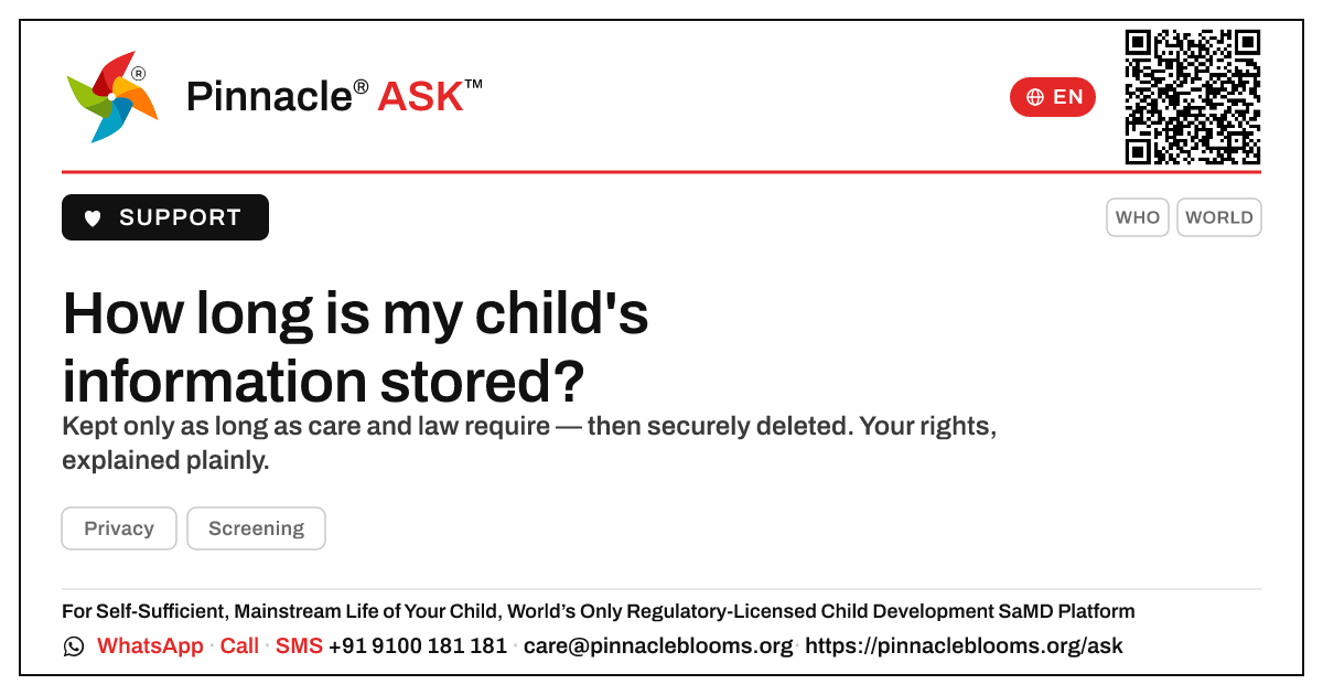How long is my child's information stored? — Pinnacle Ask answer card with a short explanation and QR link