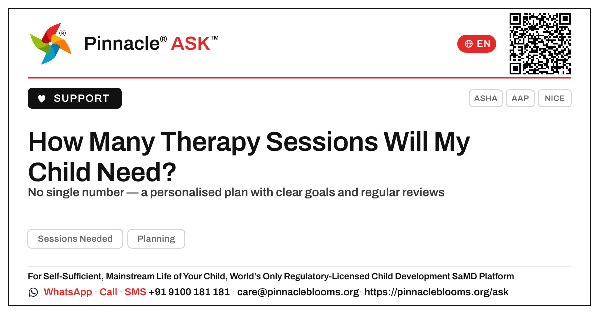 How Many Therapy Sessions Will My Child Need? — Pinnacle Ask answer card with a short explanation and QR link
