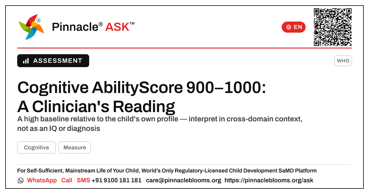 Interpreting a Cognitive AbilityScore in the 900–1000 Band — Pinnacle Ask answer card with a short explanation and QR link