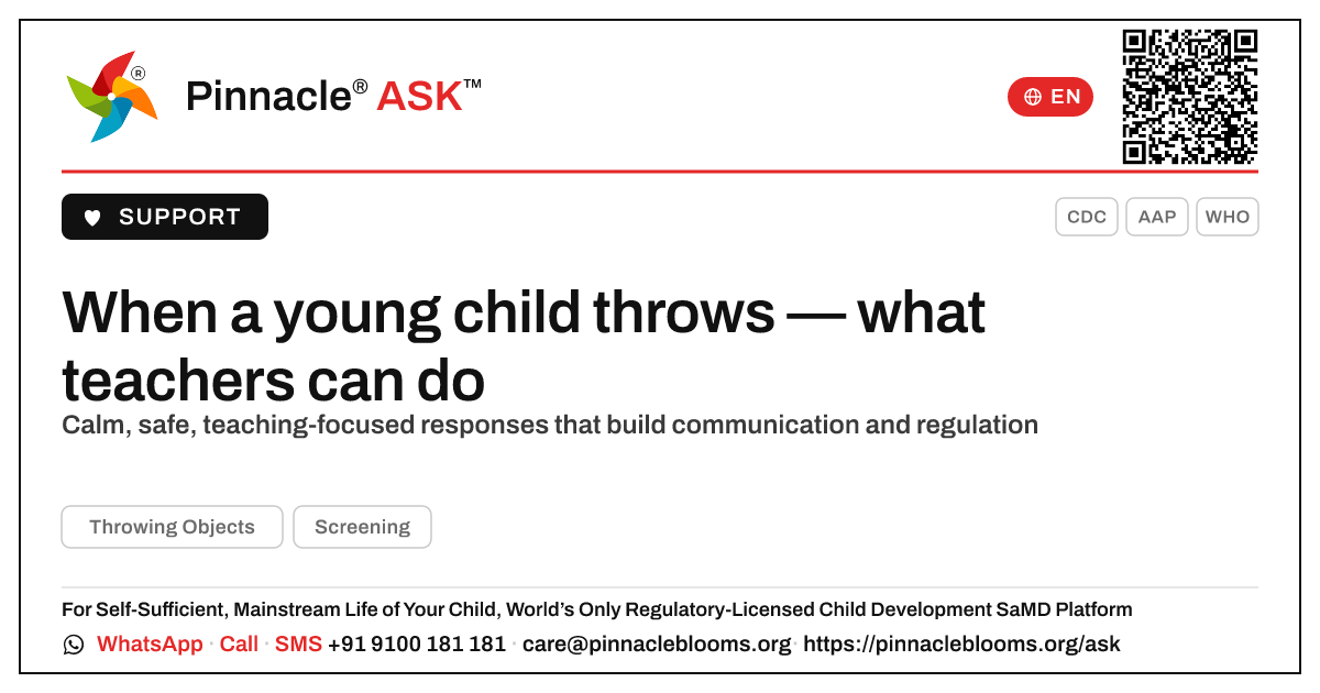 How should a teacher respond to a young child throwing objects? — Pinnacle Ask answer card with a short explanation and QR link