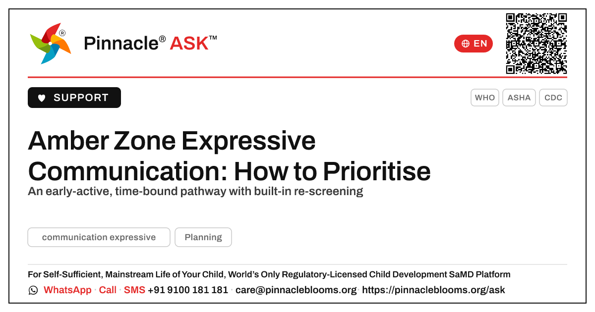How to prioritise a child in the amber zone for expressive communication — Pinnacle Ask answer card with a short explanation and QR link