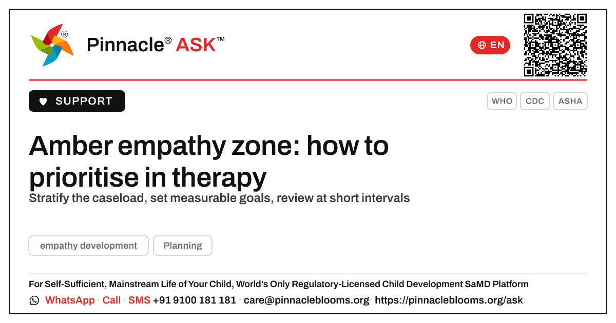 Prioritising an amber-zone empathy profile in therapy — Pinnacle Ask answer card with a short explanation and QR link
