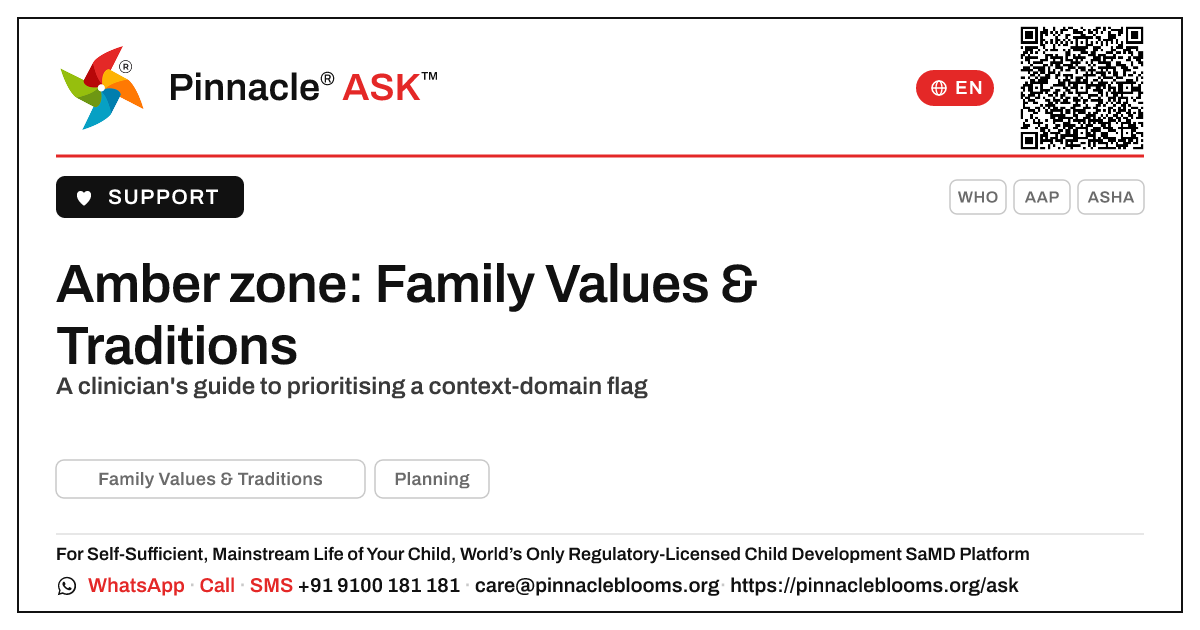 How should a therapist prioritise a child in the amber zone for Family Values & Traditions? — Pinnacle Ask answer card with a short explanation and QR link
