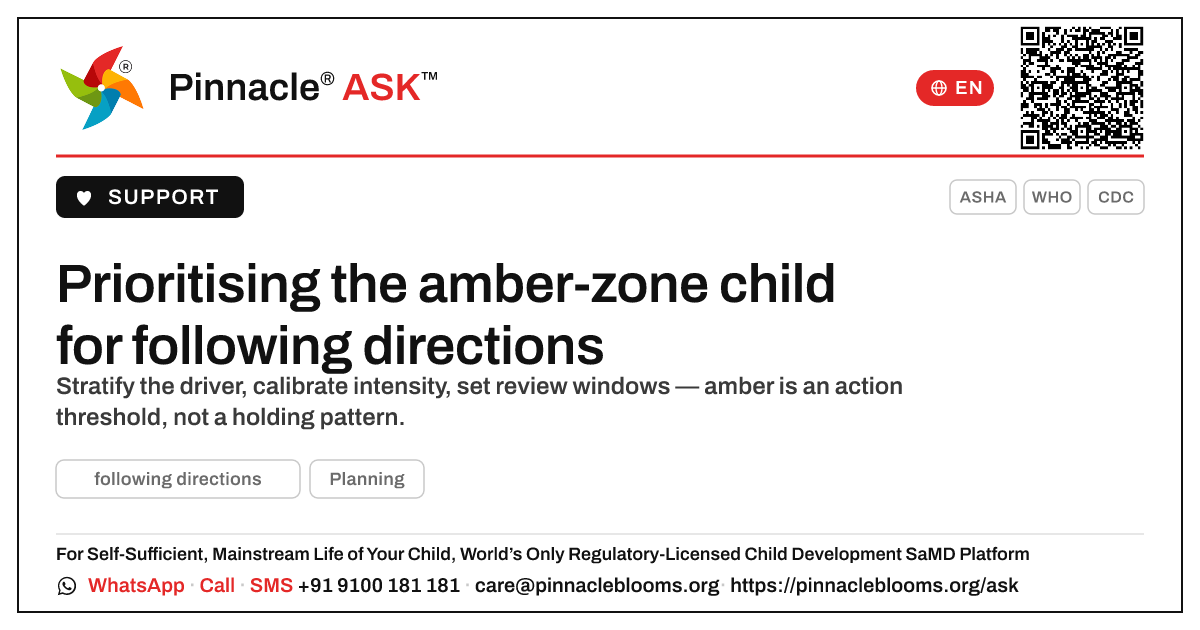 How should a therapist prioritise a child in the amber zone for following directions? — Pinnacle Ask answer card with a short explanation and QR link