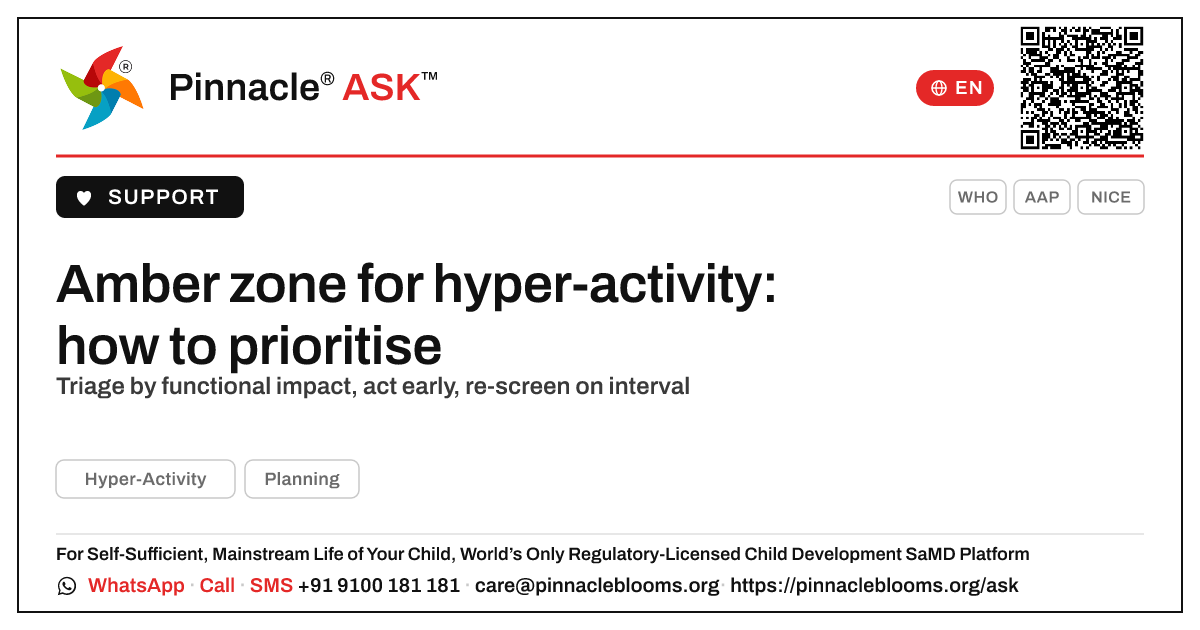 How should a therapist prioritise a child in the amber zone for hyper-activity? — Pinnacle Ask answer card with a short explanation and QR link