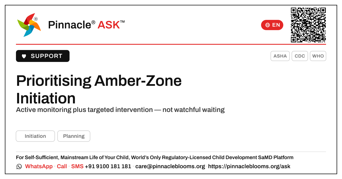 How should a therapist prioritise a child in the amber zone for Initiation? — Pinnacle Ask answer card with a short explanation and QR link