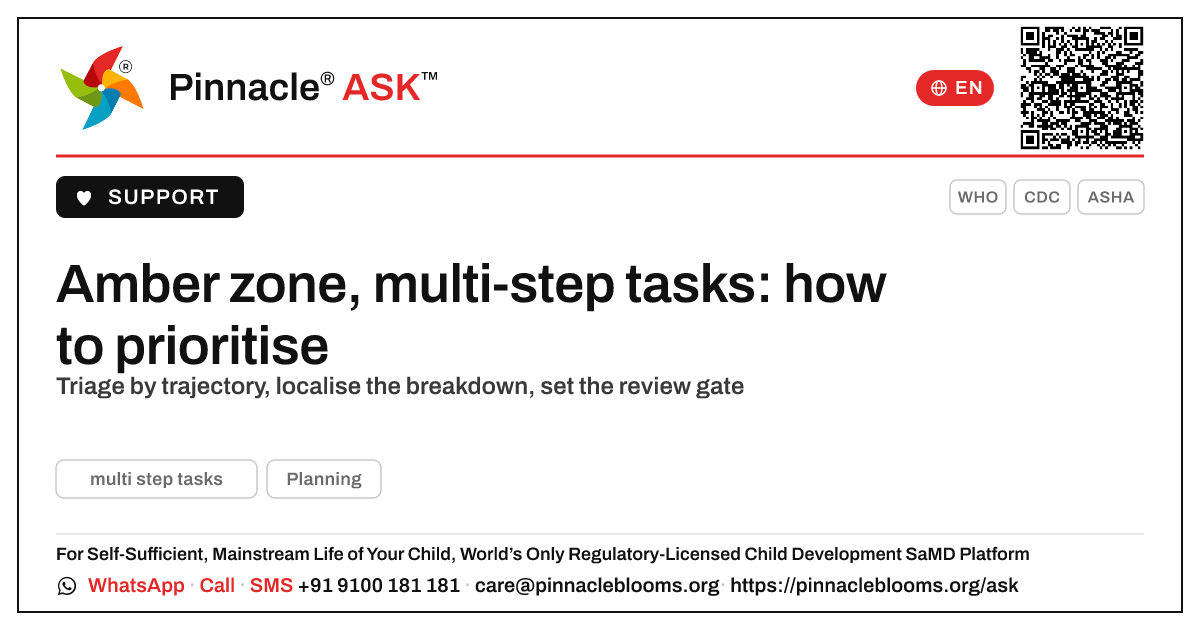 Prioritising an amber-zone child for multi-step tasks — Pinnacle Ask answer card with a short explanation and QR link