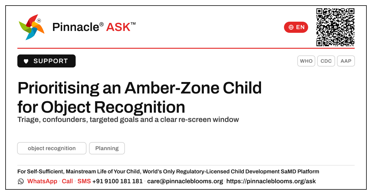 How to prioritise a child in the amber zone for object recognition — Pinnacle Ask answer card with a short explanation and QR link