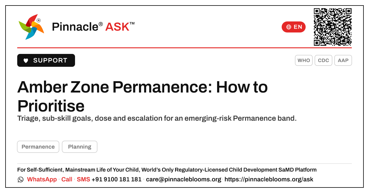 How should a therapist prioritise a child in the amber zone for Permanence? — Pinnacle Ask answer card with a short explanation and QR link