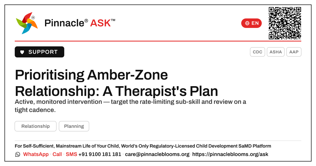 How should a therapist prioritise a child in the amber zone for Relationship? — Pinnacle Ask answer card with a short explanation and QR link