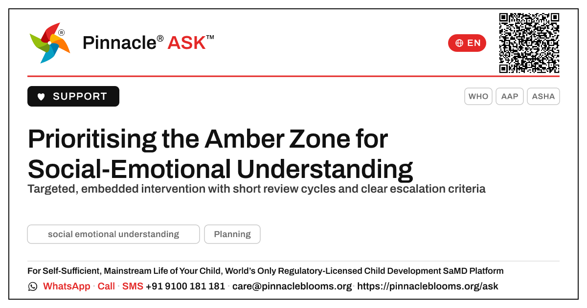 Prioritising the Amber Zone for Social-Emotional Understanding — Pinnacle Ask answer card with a short explanation and QR link