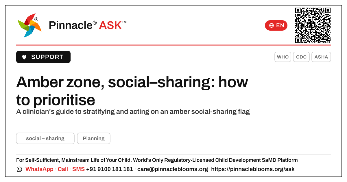 How should a therapist prioritise a child in the amber zone for social – sharing? — Pinnacle Ask answer card with a short explanation and QR link