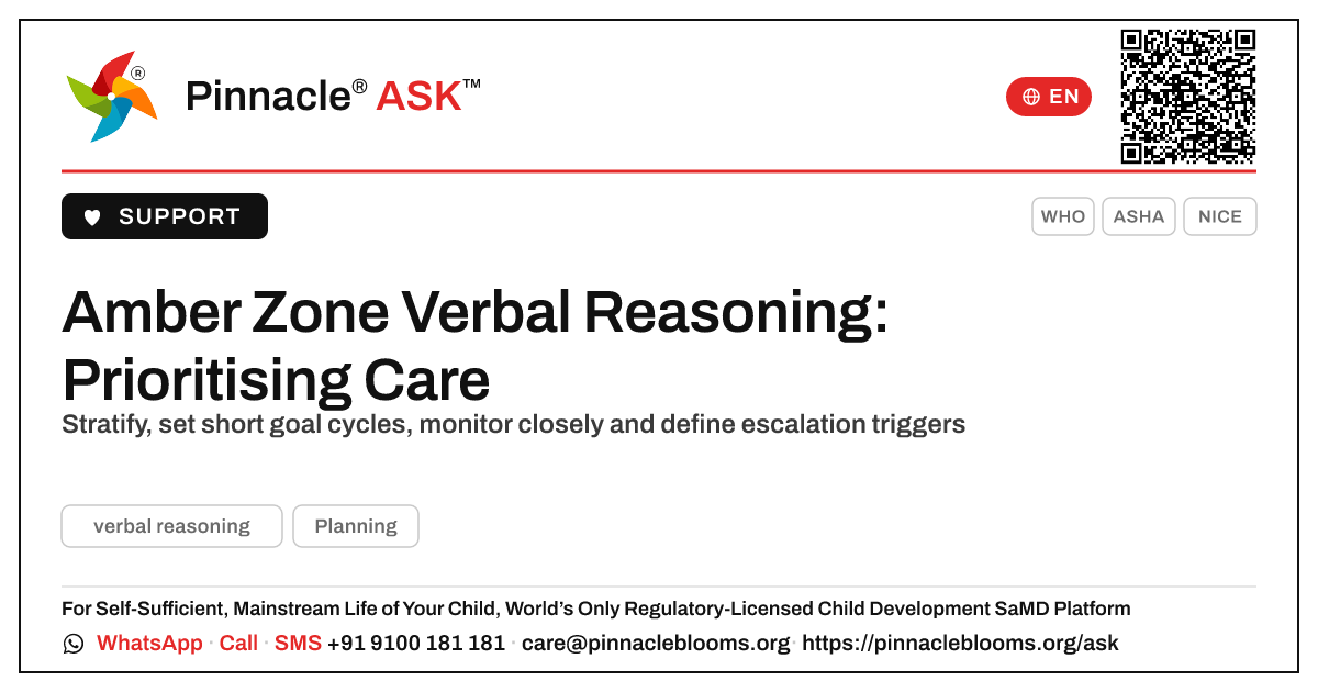 Prioritising an Amber-Zone Verbal Reasoning Result — Pinnacle Ask answer card with a short explanation and QR link