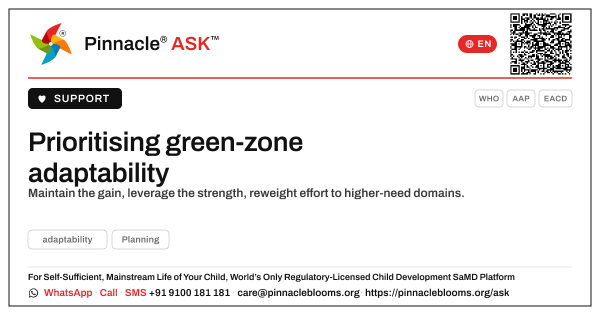 How should a therapist prioritise a child in the green zone for adaptability? — Pinnacle Ask answer card with a short explanation and QR link