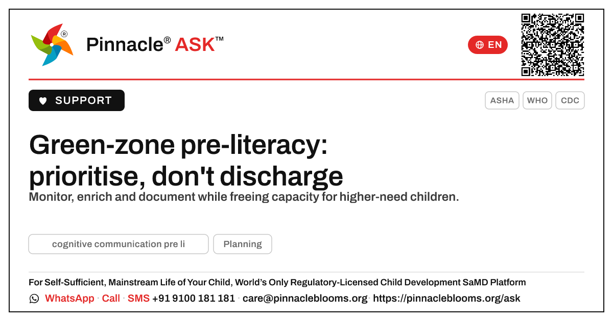 How should a therapist prioritise a green-zone cognitive-communication pre-literacy child? — Pinnacle Ask answer card with a short explanation and QR link