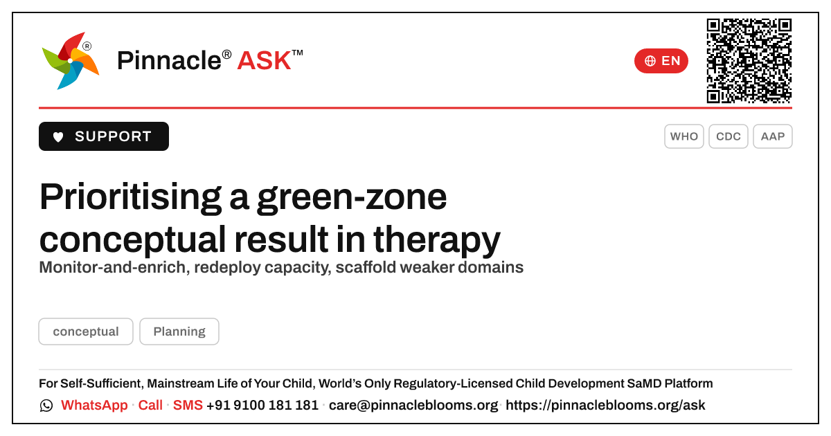 How should a therapist prioritise a child who is in the green zone for conceptual? — Pinnacle Ask answer card with a short explanation and QR link