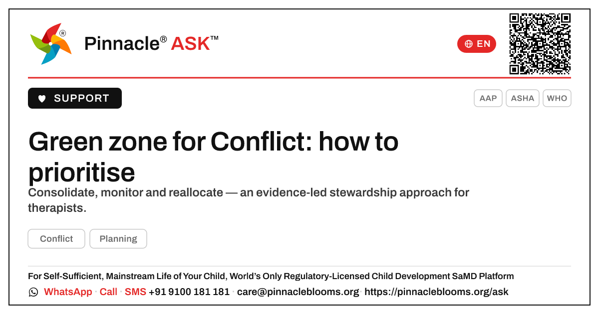 How should a therapist prioritise a child in the green zone for Conflict? — Pinnacle Ask answer card with a short explanation and QR link
