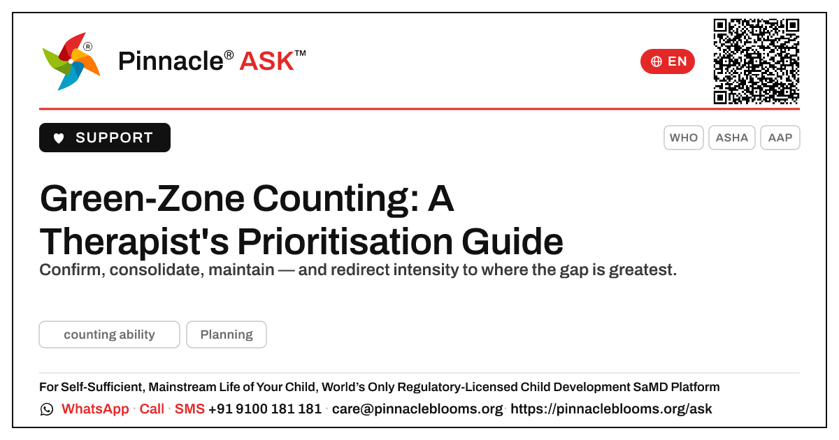 How should a therapist prioritise a child in the green zone for counting ability? — Pinnacle Ask answer card with a short explanation and QR link