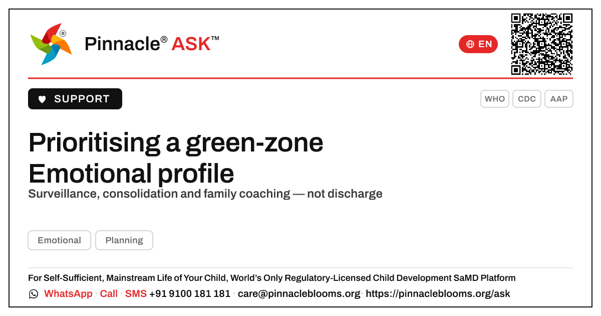Prioritising a green-zone Emotional profile — Pinnacle Ask answer card with a short explanation and QR link