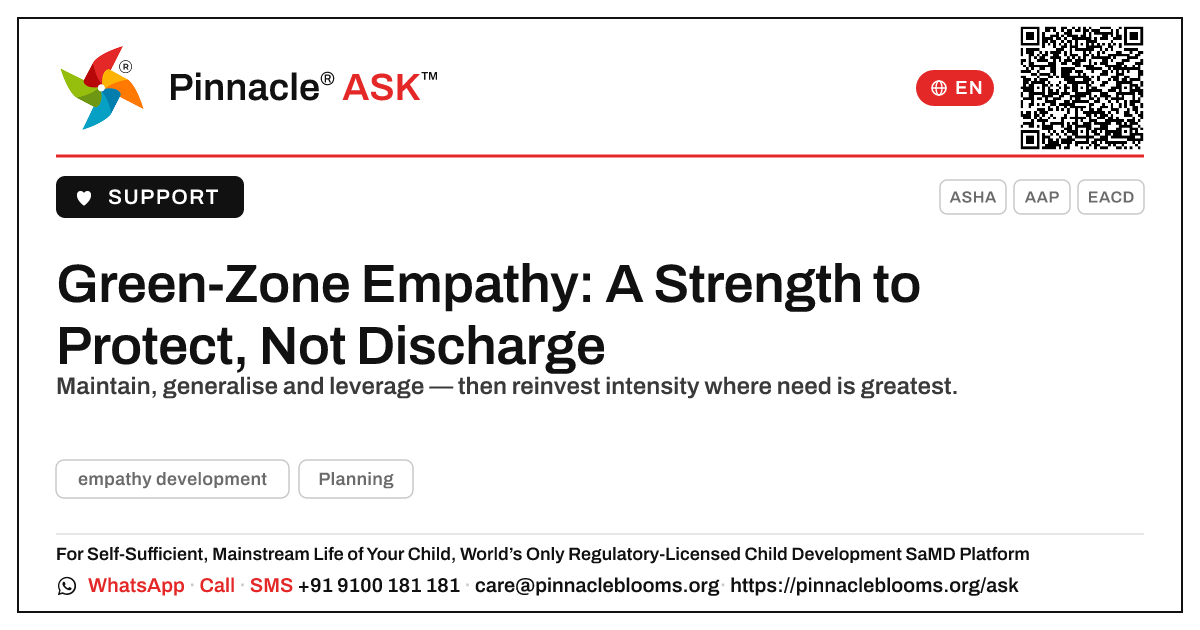 How should a therapist prioritise a child in the green zone for empathy development? — Pinnacle Ask answer card with a short explanation and QR link