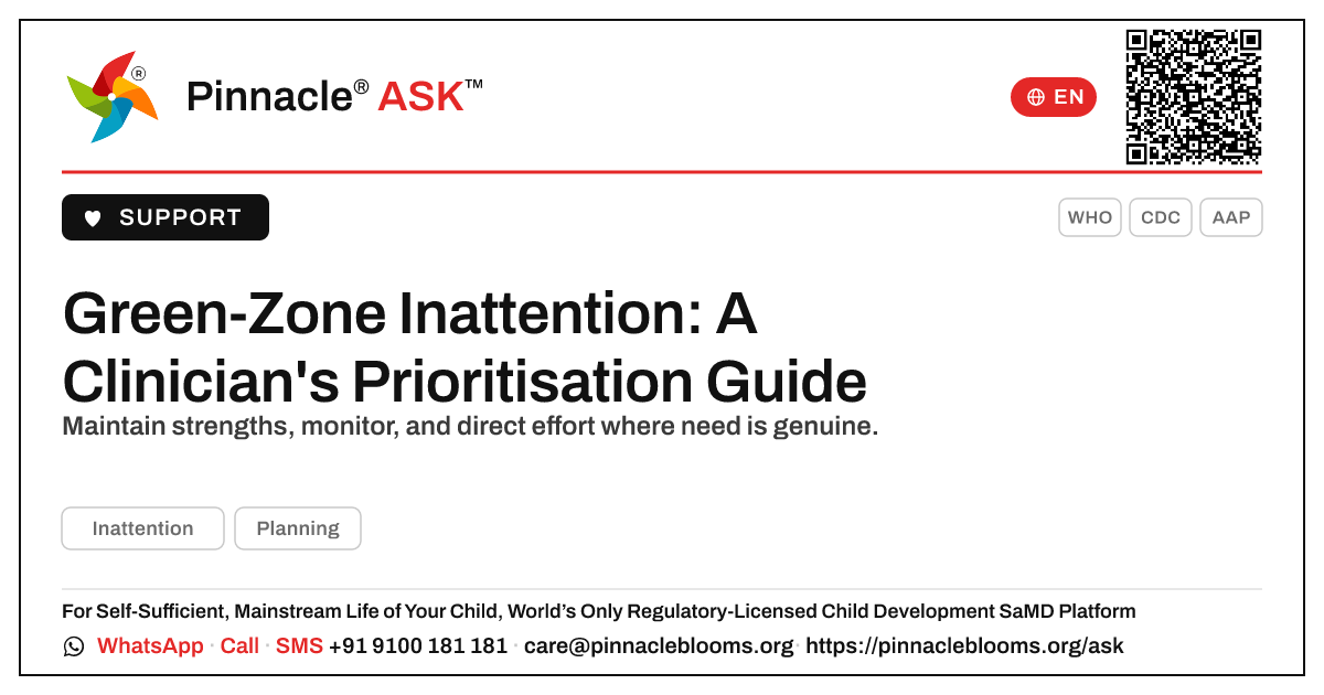 How should a therapist prioritise a child in the green zone for Inattention? — Pinnacle Ask answer card with a short explanation and QR link