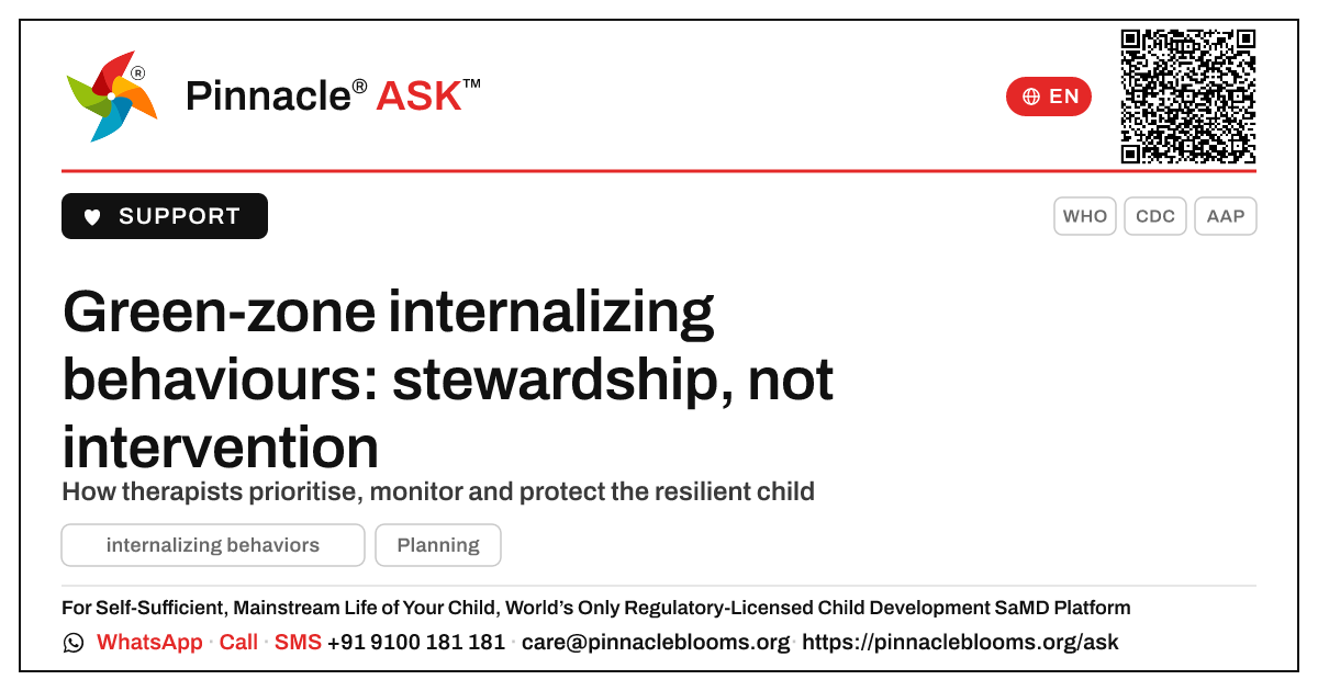 How should a therapist prioritise a child in the green zone for internalizing behaviours? — Pinnacle Ask answer card with a short explanation and QR link