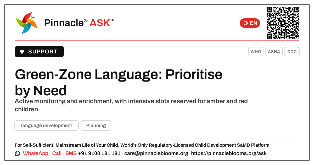 How should a therapist prioritise a child in the green zone for language development? — Pinnacle Ask answer card with a short explanation and QR link