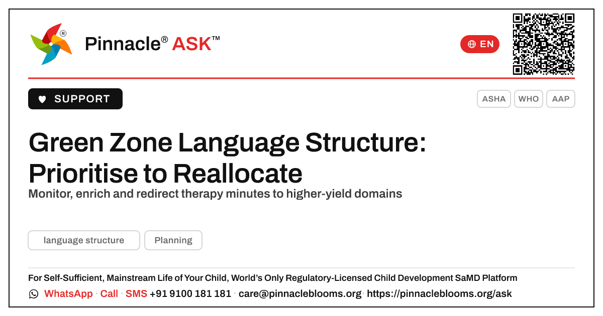 How should a therapist prioritise a child in the green zone for language structure? — Pinnacle Ask answer card with a short explanation and QR link