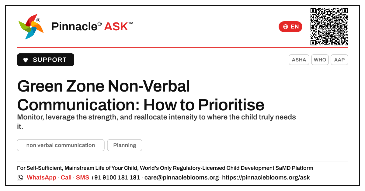How should a therapist prioritise a child in the green zone for non-verbal communication? — Pinnacle Ask answer card with a short explanation and QR link