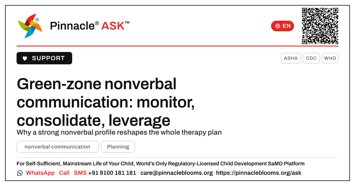 How should a therapist prioritise a child in the green zone for nonverbal communication? — Pinnacle Ask answer card with a short explanation and QR link