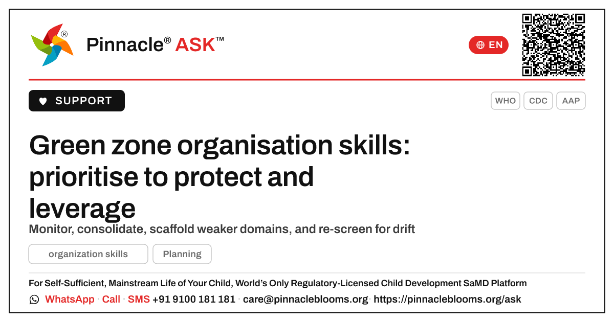 How should a therapist prioritise a child in the green zone for organisation skills? — Pinnacle Ask answer card with a short explanation and QR link