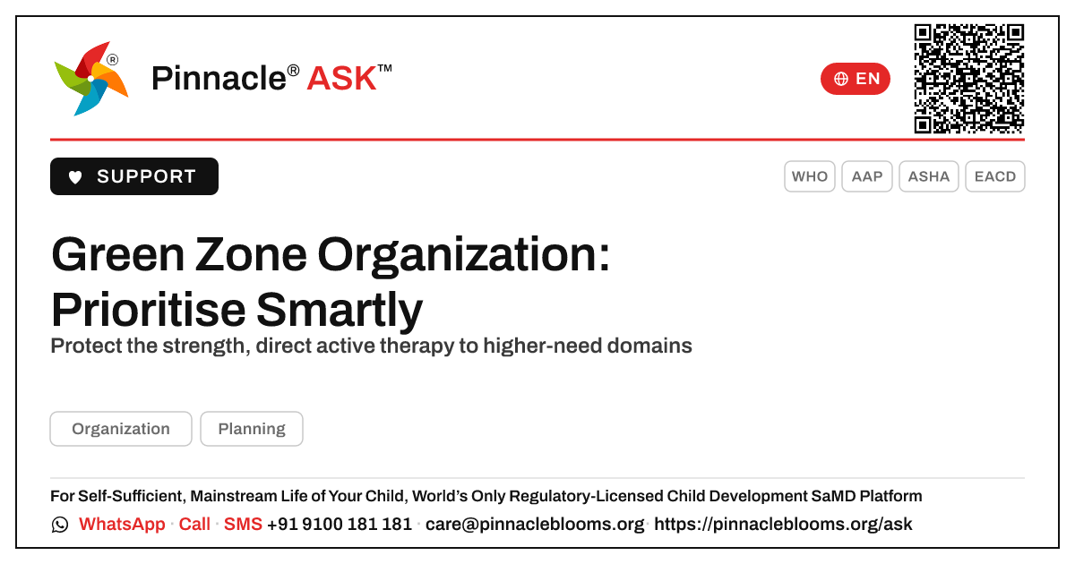 How should a therapist prioritise a child in the green zone for Organization? — Pinnacle Ask answer card with a short explanation and QR link