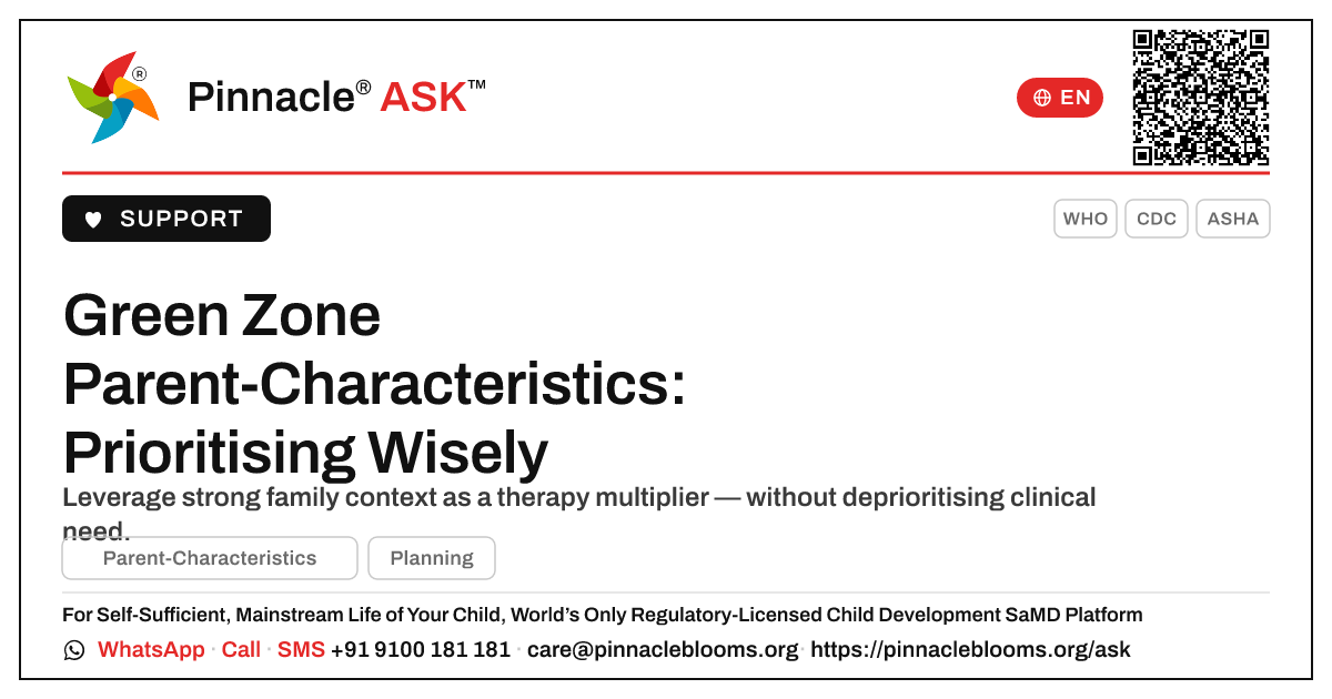 How should a therapist prioritise a child in the green zone for Parent-Characteristics? — Pinnacle Ask answer card with a short explanation and QR link