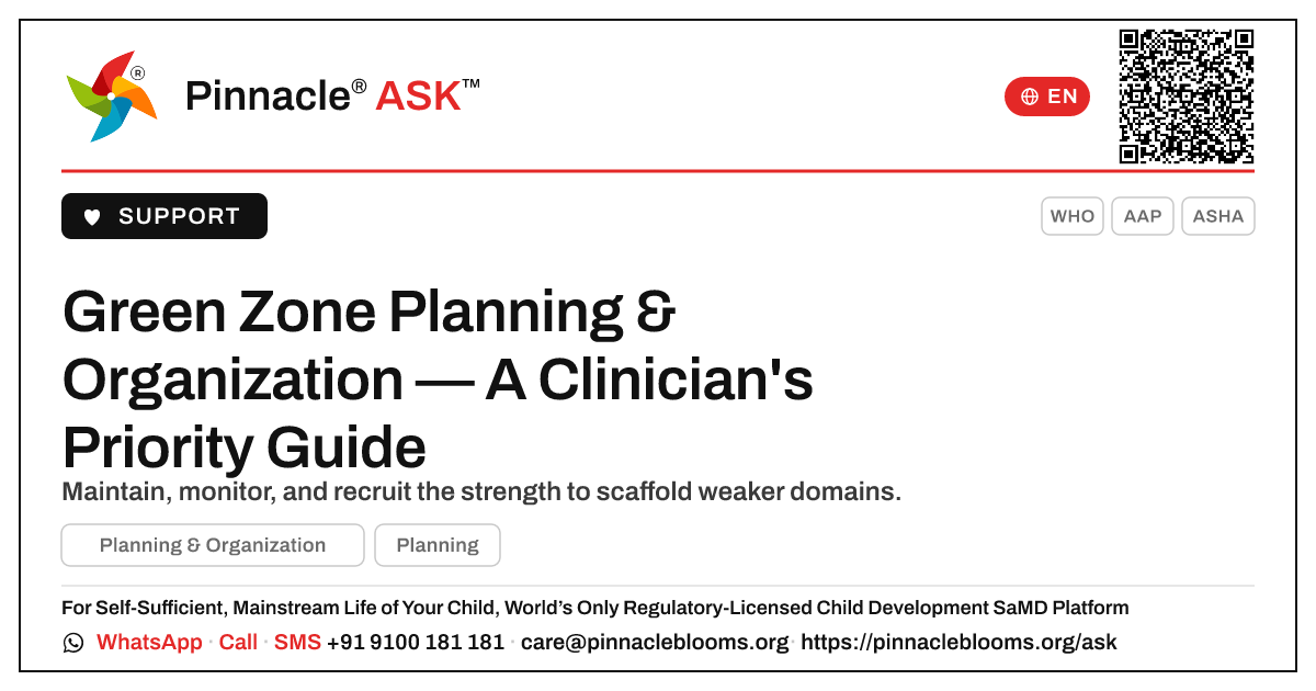 How should a therapist prioritise a child in the green zone for Planning & Organization? — Pinnacle Ask answer card with a short explanation and QR link