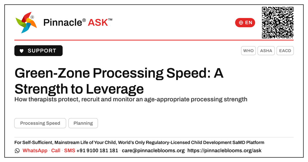 How should a therapist prioritise a child in the green zone for Processing Speed? — Pinnacle Ask answer card with a short explanation and QR link