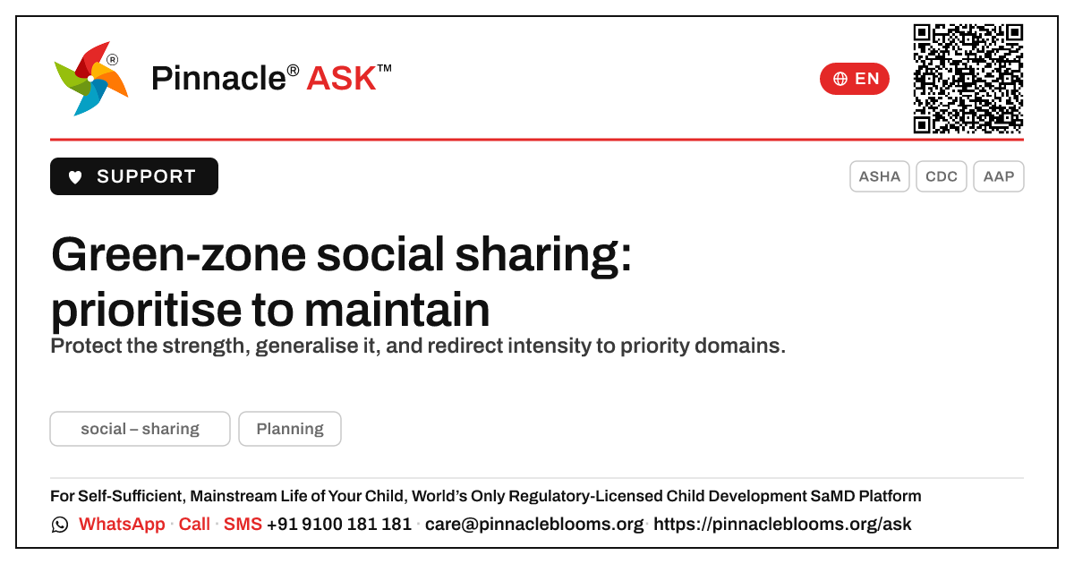 Prioritising a green-zone social–sharing result — Pinnacle Ask answer card with a short explanation and QR link