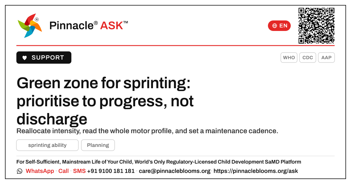 How should a therapist prioritise a child in the green zone for sprinting ability? — Pinnacle Ask answer card with a short explanation and QR link
