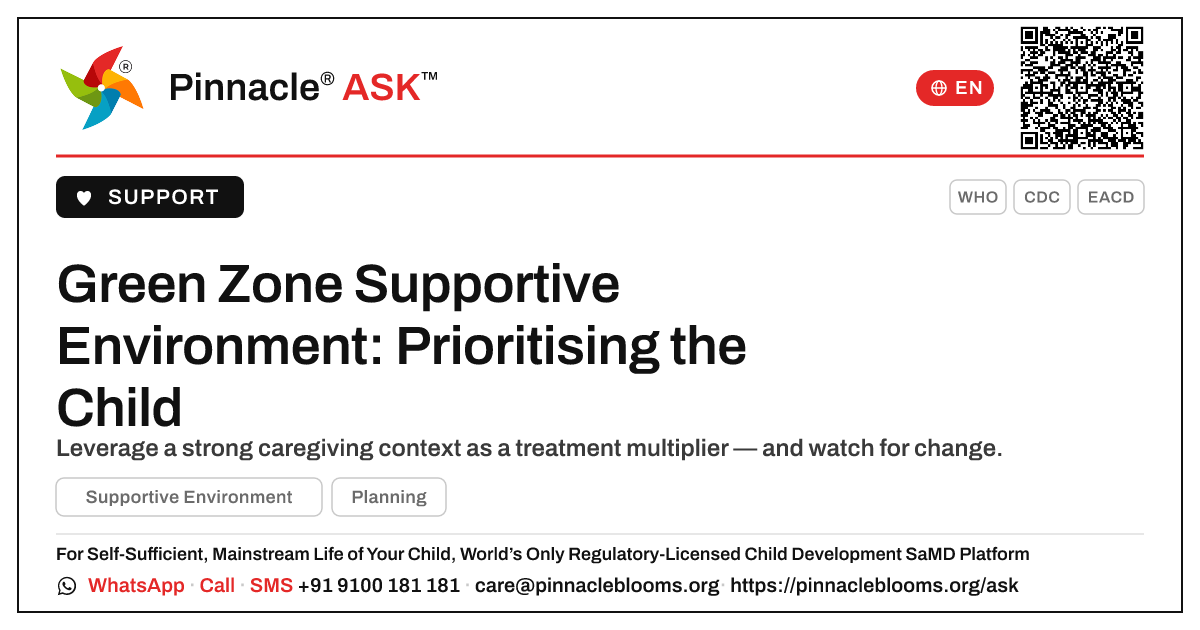 Prioritising a Green-Zone Supportive Environment — Pinnacle Ask answer card with a short explanation and QR link