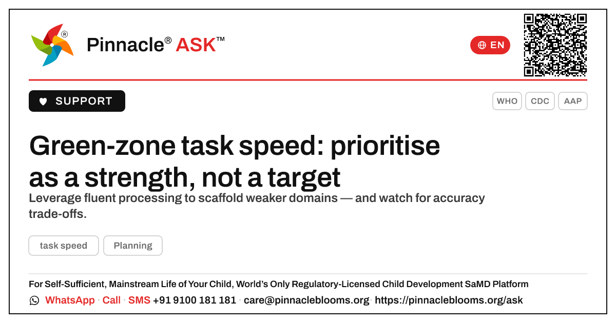 How should a therapist prioritise a child in the green zone for task speed? — Pinnacle Ask answer card with a short explanation and QR link
