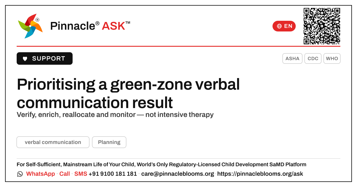 How should a therapist prioritise a child in the green zone for verbal communication? — Pinnacle Ask answer card with a short explanation and QR link