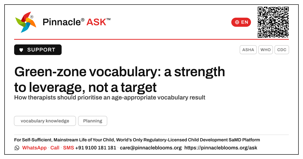 How to prioritise a child in the green zone for vocabulary knowledge — Pinnacle Ask answer card with a short explanation and QR link