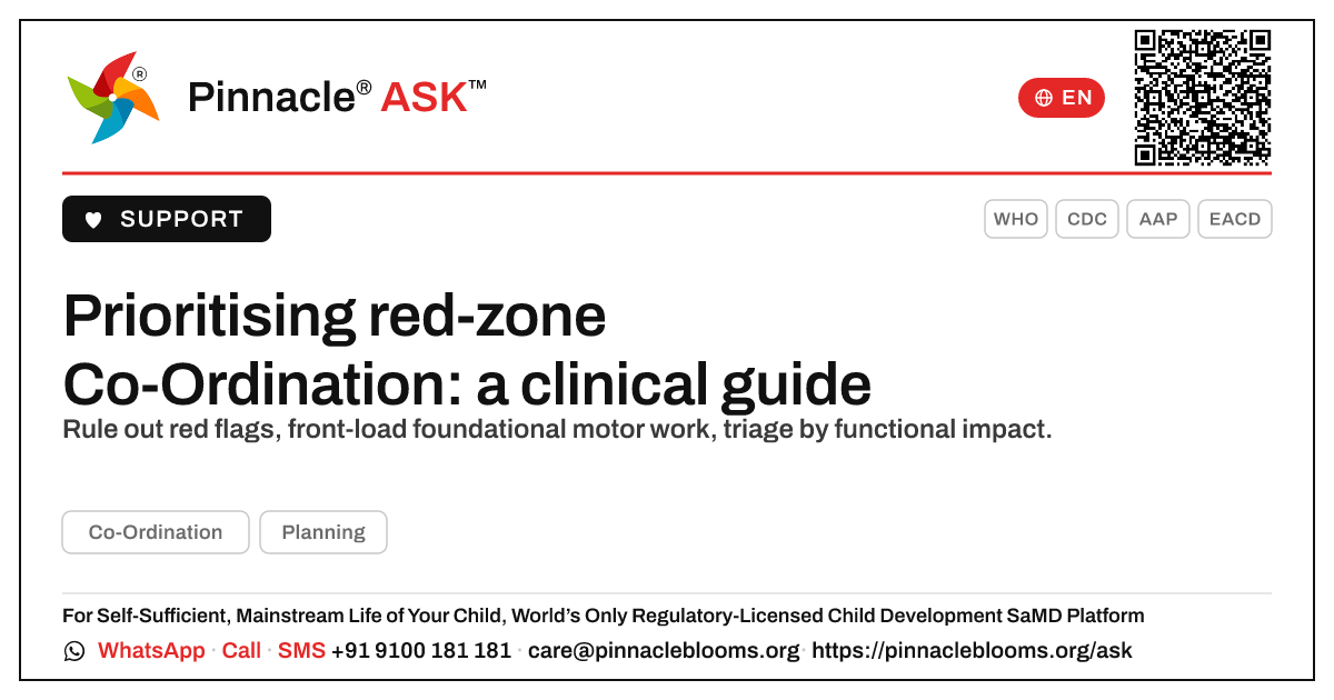 How to prioritise a child in the red zone for Co-Ordination — Pinnacle Ask answer card with a short explanation and QR link