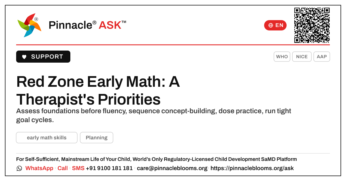Prioritising a red-zone early math skills profile — Pinnacle Ask answer card with a short explanation and QR link